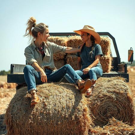 two lovely women finished loading bales of hay on a flatbed truck. A beautiful blonde, strands of hair loose from bun, sitting  on a bale of hay, reclining back on another bale, legs spread, sweaty face, reaching out an arm in invitation to approach and sit next to her, wearing jeans and loosened shirt and bandana, relaxed happy, tired. A gorgeous brunette, braided hair and cowboy hat, jeans and t-shirt, sweaty, looking lovingly at the blonde, starting to sit down on a bale of hay next to the blonde. Sunny day, field cleaned of bales of hay, stevedore's hooks on bales nearby women.