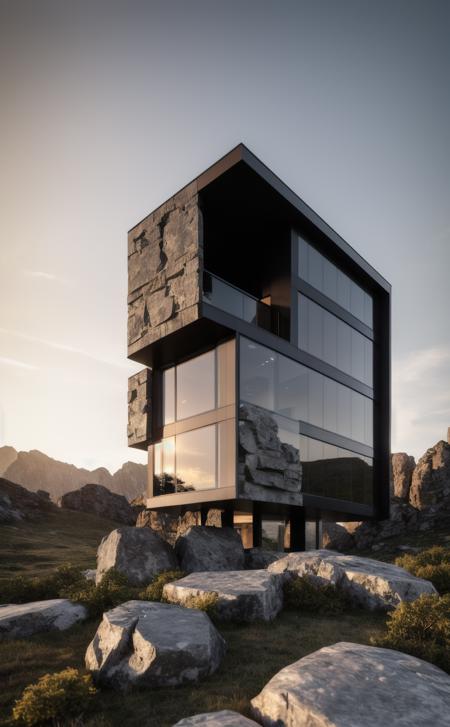 ((masterpiece, best quality)), 8k, modern architecture style, photo realistic, david chipperfield, hyper detailed photo, single box, a digital 3d render of a building,( stone:1.1), leansflare, mountain, tall building, sunset