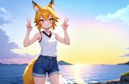 1girl,
fox girl, fox ears, fox tail, animal ear fluff, senko figure stands on an island by the sea,bonsai, senko \(sewayaki kitsune no senko-san\), senko-san, small breasts,
wearing jeans shorts and sleeveless t-shirt, dynamic pose,
dusk