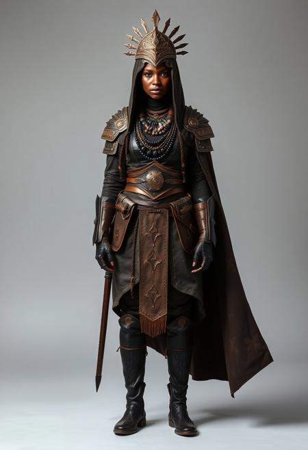 symmetrical front view, standing pose, medieval assassin islamic female warrior, african skin, tribal make up, she wears a leather armour, she wears a tribal necklaces, she wears dark old and dirt clothes, she wears leather tall boots, she wears long cape, she wears a great and oppulent headpiece, neutral grey background