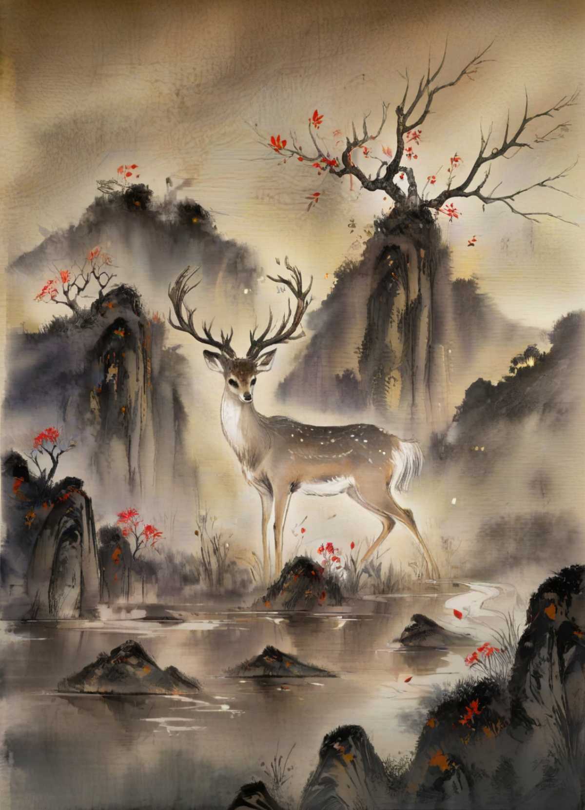 A deer standing in a pond surrounded by trees and flowers.