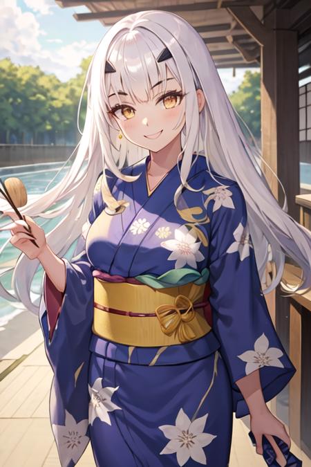 best quality, masterpiece, highres, solo, {yukata:1.40}, {kimono:1.20}, {tam_lin_lancelot_fgo:1.15}, long_hair, white_hair, bangs, sidelocks, breasts, forked_eyebrows, small_breasts, brown_eyes, smile, yellow_eyes