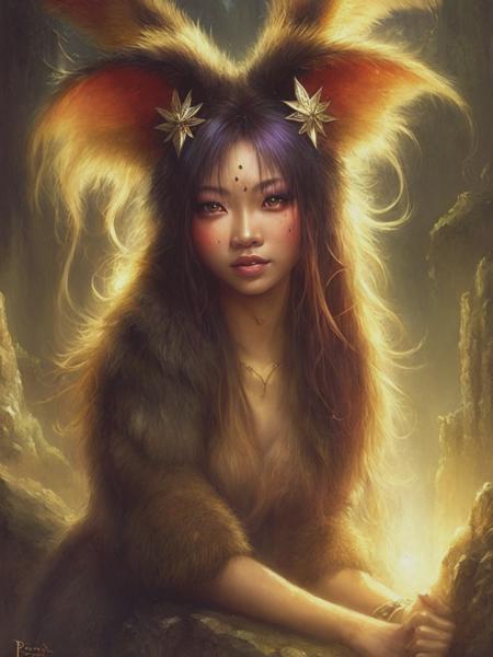 <lyco:WendyFroud:1.0> fantasy art of a beautiful teenage asian girl as a cute pooka with an aura by brian froud and james paick