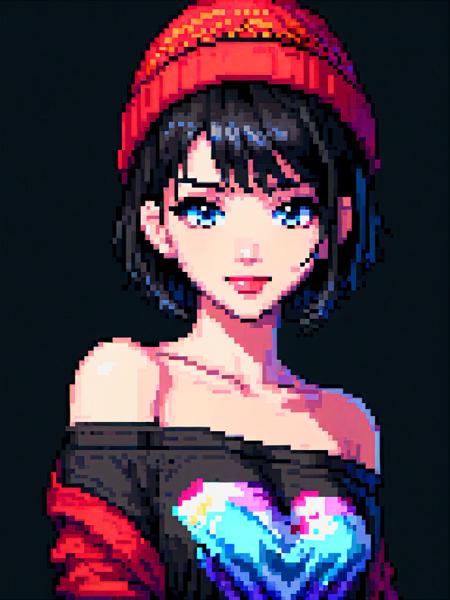 (Pixel art:1.2), 1girl, loose shirt, shoulder less, off shoulder, covered nipples, beanie cap, lips, nose, black hair, short hair, black background, seductive smile