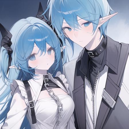 8k，{{ultra-detailed}}, {{illustration}}, (beautiful detailed eyes), beautiful, amazing, detailed eyes, (((masterpiece))),1girl, 1boy, pointy ears, horns, blue hair, blue eyes, chain, twintails, dress, long hair, white dress, looking at another, long sleeves, bandages, shirt, jacket, pink eyes, belt, white shirt, collar