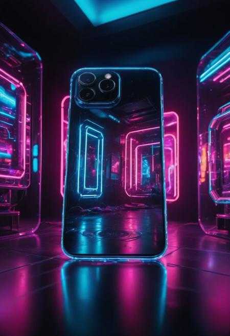 Cyberpunk style futuristic smartphone night scene, neon lights and technological elements fill every frame, multi-layered cinematic lighting of background neon lights and foreground soft focus light emphasizes the subject and creates depth, the polygonal design of the smartphone exhibits a high gloss , decorated with fine technological textured luminous elements that interact with the surrounding warm and cool neon lights, the entire phone exudes a futuristic and fashionable atmosphere, mysterious, showing the calmness and confidence of the smartphone, shot full-body, with the smartphone in the center of the frame.