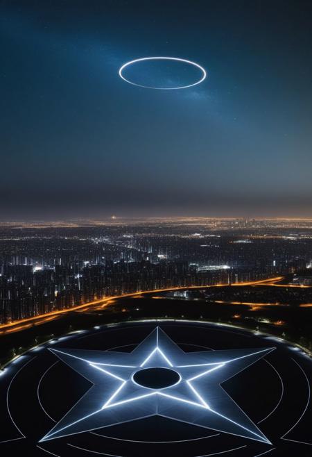 A stately pleasure-dome decree:
Aleph Tower, centre for the AI that rules the Human civilization, in a glittering city of glass and shining metal,
   bright sunlight under a pitch black sky.
So twice five miles of urban sprawl,
With walls and towers  girdled round;
In center: a black circle in bold lines intersected by a thick pentagram, five pointed star, symetrical
Photographer Reuben Wu Style