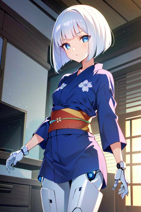 (sfw), intricate details, (bright neon colors), detailed background, daylight, indoors, 1girl, (petite, (expressionless cute face, bright glowing blue eyes), (human torso, petite perky breasts, yukata, robotic arms, robotic legs), (white hair, bob cut)), dynamic angle