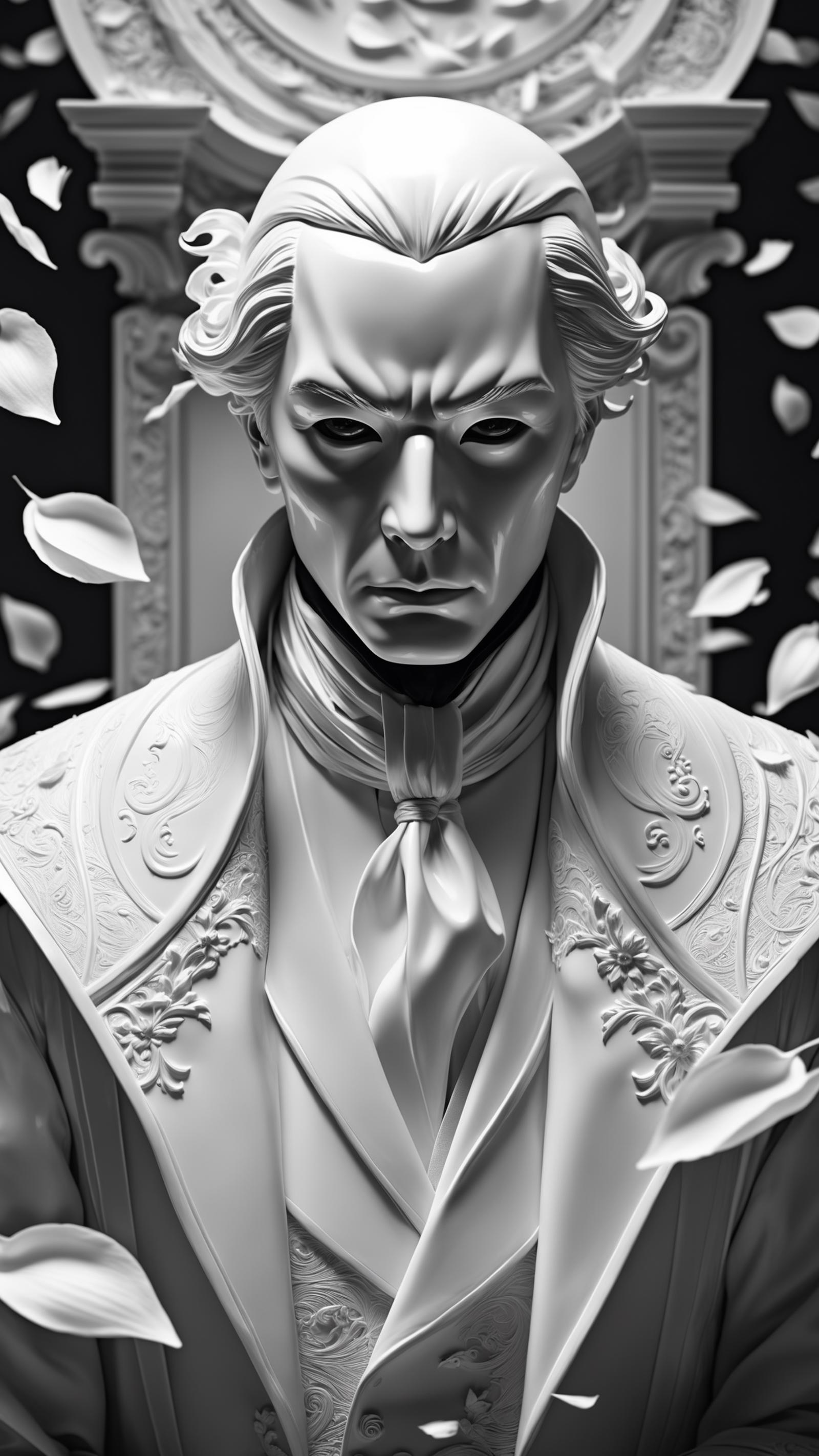 White Sculpture of a Man with a Scowl, Wearing a White Suit with a Tie and a White Cloak.