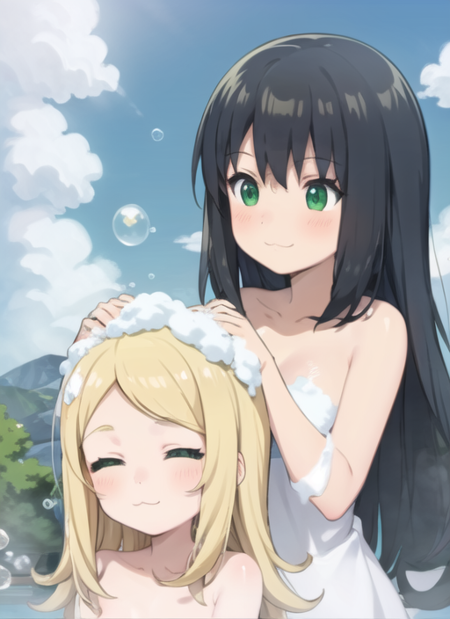 2girls, anime <lyco:washing_hair:0.8> washing_hair, long hair, blush, smile, short hair, bangs, multiple girls, blonde hair, 2girls, closed mouth, green eyes, closed eyes, purple hair, nude, outdoors, green hair, sky, day, cloud, blue sky, :3, soap bubbles