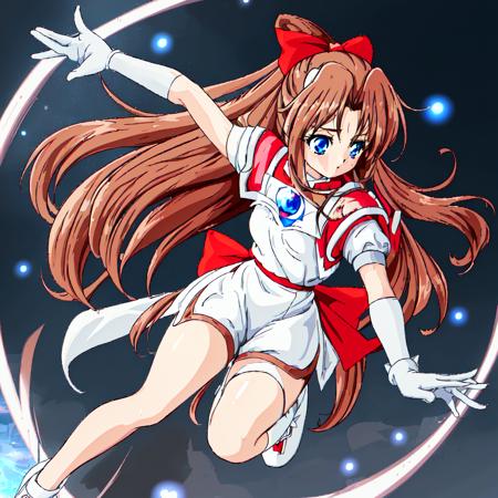 Karin, 1girl, solo, long hair, blue eyes,brown hair, gloves, shorts, white gloves, magical girl,low-tied long hair,white hair bow,red shoulder, white minidress