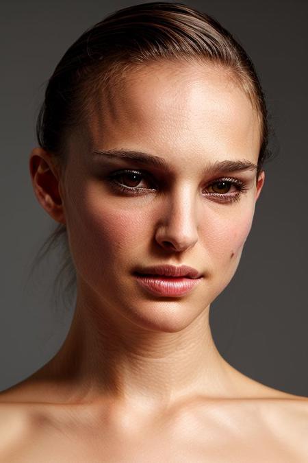 portrait of young skswoman, topless, slick hair, oiled skin, grey background, (tilted angle,tilted head pose:1.1),
 <lora:Natalie Portman:1>