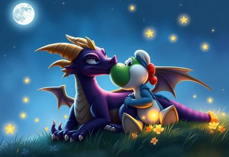 "Spyro and Yoshi share a quiet, intimate moment under a glowing, star-filled sky. They rest together on a grassy hill, bathed in the soft blue hues of moonlight, their eyes reflecting the warmth and trust they share. Spyro’s wings are slightly curled, his golden horns catching the celestial glow, while Yoshi leans in, their foreheads gently touching in a tender display of affection. Fireflies drift lazily around them, adding a magical atmosphere. The art style is a mix of fantasy realism and soft painterly textures, evoking a dreamlike, romantic ambiance. The color palette features deep purples, blues, and gentle warm highlights, emphasizing the serene yet passionate connection between them."   They are naked and are having anal sex.