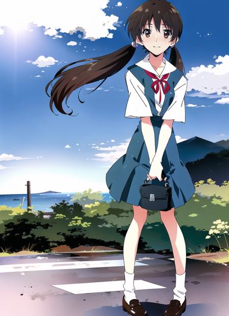 1girl,solo,horaki hikari,(eva school uniform:1.1),ribbon,brown eyes, brown footwear, brown hair, full body, loafers, long hair, looking at viewer,(low:1.3) twintails, shoes, freckles,sea,wind,
<lora:eva_school_uniform:0.9>,