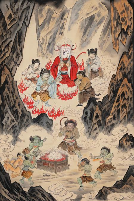 high quality, gushu, 6+man are playing in a chinese painting style, <lora:diyu2:0.7> oni mask