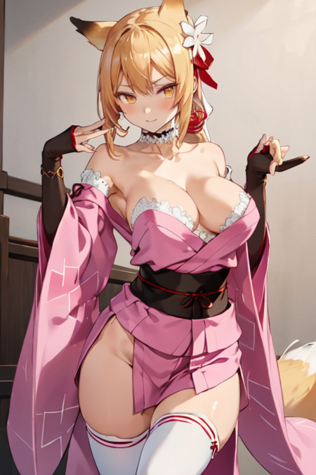 AbenoSeimei, 1girl, solo, long hair, ponytail, blonde hair, large breasts, white thighhighs, hair ribbon, fox ears, cleavage, bare shoulders, collarbone, tail, yellow eyes, detached sleeves, pink kimono, japanese clothes, choker, wide sleeves, sash, fox tail, obi, bridal gauntlets, 