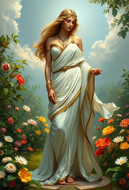 beautiful full body painting, greek goddess artemis, the goddess of hunt, in intricately draped toga dress, white silk and velvet, gold trim, royal outfit, intricate jewelry, garden standing surrounded by flowers John William Godward + loish +gaston bussiere +craig mullins, j. c. leyendecker +Artger Beautiful intricate details, high fantasy art, iridescent colors, ethereal aesthetic, detailed shiny hair, whimsical, atmospheric, dynamic lighting, photorealistic
