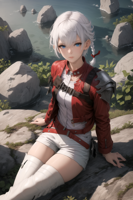 Alisaie Leveilleur, masterpiece, best quality, 1girl, blue eyes, white hair, solo, solo focus, single braid, hair ribbon, red jacket, collared jacket, shoulder armor, white shirt, red belt, white shorts, thigh boots, sitting, looking at viewer, rocks, gravel, detailed hair, detailed eyes, complex background, depth of field, textured fabric, detailed fabric,  <lora:Alisae_FFXIV-05:0.8>