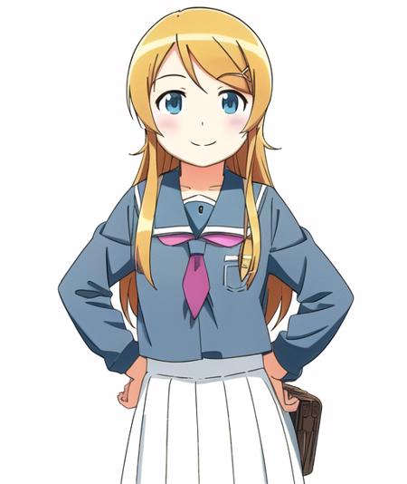 <lora:kirino:0.6>,kirino kousaka,(blonde hair),very detailed ,highres,(masterpiece_1.0),(best quality_1.0),(cowboy shot),perspective from front,school uniform,smiling, ((white background)),(hands behind back)