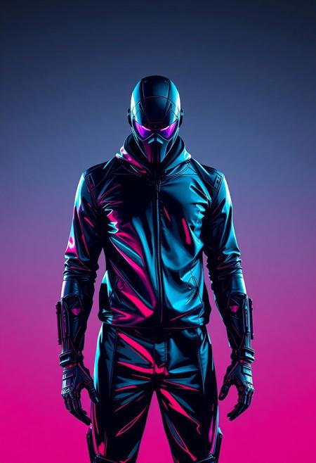 robert t techno style , Background: Clean, soft neon gradient with faint shadows and smudges, creating a stark contrast that emphasizes the character’s metallic textures and vibrant silhouette.