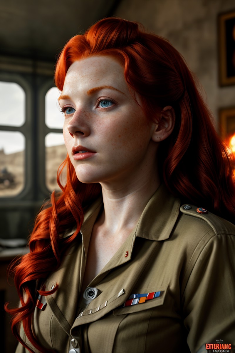 Wide angle photorealistic shot, (Enchanting redhead in wartime drama:1.3), Detailed conflict chaos, Real-Time Ray Tracing ...