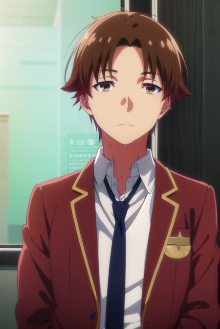 kiyotakaayanokouji, <lora:kiyotaka ayanokouji s2-lora-nochekaiser:1>,
kiyotaka ayanokouji, brown hair, (brown eyes:1.5), male focus, (parted bangs:1.5), short hair,
BREAK school uniform, jacket, necktie, blazer, blue necktie, shirt, white shirt, collared shirt, (red blazer:1.5),
BREAK indoors, classroom,
BREAK looking at viewer, (cowboy shot:1.5),
BREAK <lyco:GoodHands-beta2:1>, (masterpiece:1.2), best quality, high resolution, unity 8k wallpaper, (illustration:0.8), (beautiful detailed eyes:1.6), extremely detailed face, perfect lighting, extremely detailed CG, (perfect hands, perfect anatomy),