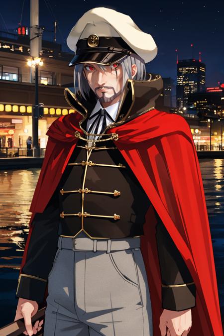 victords, facial hair, peaked cap, cape, red eyes, uniform, military, grey hair, scar, boots