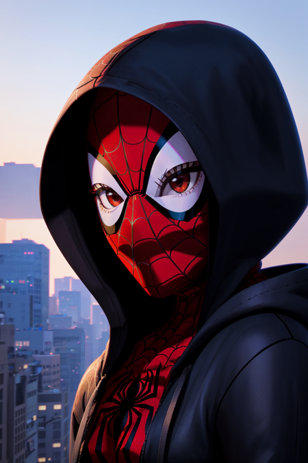 <lora:Spiderverse:0.8> Spiderverse Style, 1girl, bodysuit, city, hood, hood up, hooded bodysuit, looking at viewer, mask, portrait, silk, solo, spider web, spider web print, superhero