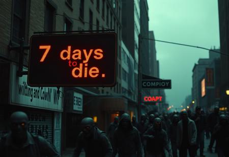 photo , Film Still, Cinematic ,Blanco Brown - city sign reads '7 days to die' , Zombies hoard attack suriviors, urban decay, glowing eyes, in every shadow death does embark