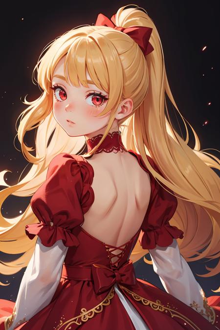 light particles, soft lighting, volumetric lighting, intricate details, finely detailed,1girl, solo,blonde hair, long hair, high ponytail,red eyes, long eyelashes, thick eyelashes, looking at viewer,red dress, ornate dress, backless dress, puffy sleeves, juliet sleeves, (long sleeves:1.2), red bow,black background, simple background, from behind, <lora:GoodHands-beta2:1>,chibi