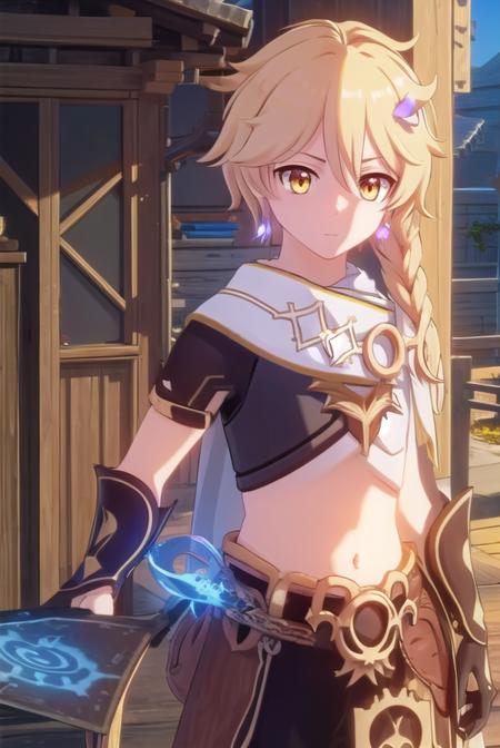 aether, long hair, bangs, blonde hair, hair between eyes, (yellow eyes:1.3), braid, male focus, single braid, jewelry, short sleeves, earrings, scarf, single earring,