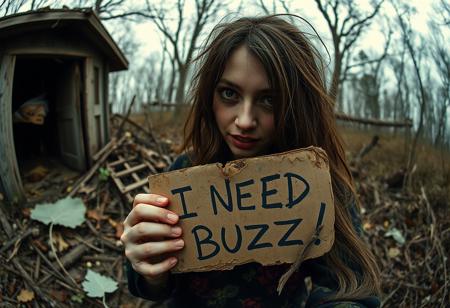 ”(masterpiece, intricate:1.3), (best quality, hires textures, high detail:1.2), terrific horror theme, lora:Starry_Morph:1 starry_morph,woman in the wild, rotten aesthetics, comically exaggerated with a fisheye lens effect (12mm), very high resolution, decayed cardboard sign reading ‘I NEED BUZZ!’ placed near the scene, weathered textures, humorous yet gritty atmosphere, cinematic composition.”