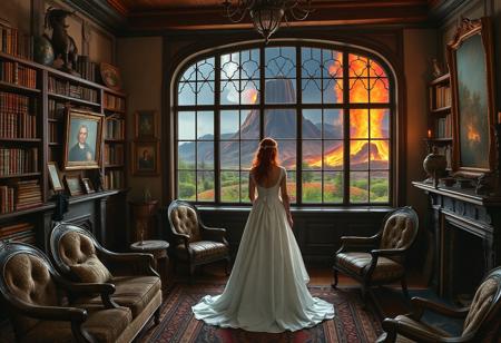 An old style 1800's library with old furniture, a large amount of books on shelves with an assortment of artifacts on shelves, some paintings on the wall, and a lit fireplace. There is a large wall sized window looking out into a beautiful garden with an erupting volcano background, the lava is almost to the window. In the middle of the room, a single red haired, green eyed woman in a white wedding dress is looking out the window crying.