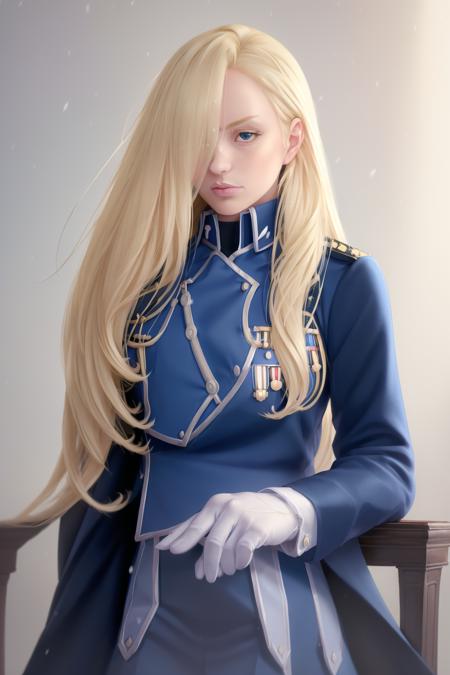 upper body, woman, olivier_mira_armstrong, blue uniform, <lora:Olivier Mira Armstrong:0.8>, (((masterpiece))), (((best quality))), ((ultra-detailed)), ((extremely delicate and beautiful)), ((ultra-detailed)), (best illustration), ((an extremely delicate and beautiful)),