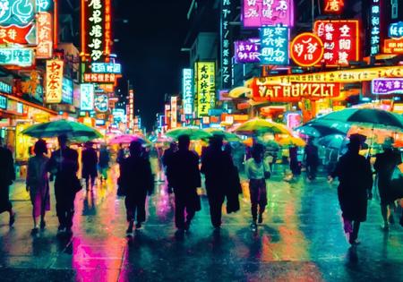 a cyberpunk street scene with neon lights, raining, 4k, Stable Diffusion