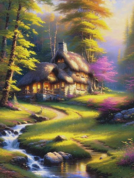 <lyco:ThomasKinkade:1.0> a cottage in a forest clearing by a brook, golden hour, Thomas Kinkade