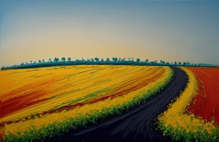 (style of Josh Adamski:1.1), a painting,scene painting,scenery, hedgerow,patch ,orchard , Tundra ,