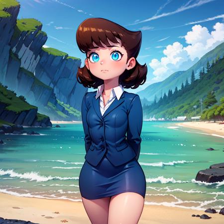 1girl, Lila test, formal, suit, jacket, blue skirt, pencil skirt , blue eyes, brown hair, white shirt, short hair,