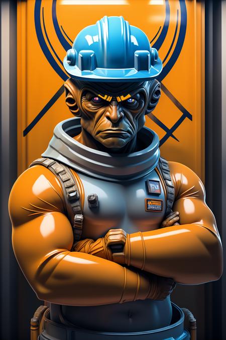 fantchar, a muscular space alien as an intimidating construction worker wearing a hard hat, arms crossed, artistic, intricate, highly detailed