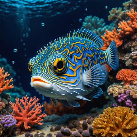 Ultra realistic  color pencil drawing of a puffer fish all puffed up and swimming among a coral reef amidst jellyfish.
BREAK 
Deep dark intense midnight blue misty background, Dark theme, dynamic lighting, (soft shadows), (soft focus), (photo realistic), extreme details, uhd, 8k
