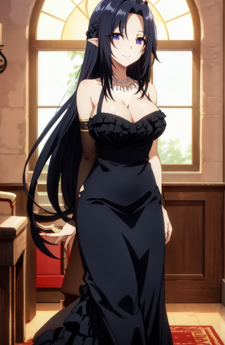 gamma, black hair, pointy ears, purple eyes, black dress, large breasts, very long hair bodysuit, gloves holding long swordholding long sword dress, frill, cleavage, necklace, elbow gloves, high heels