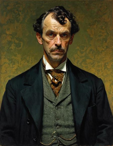 upper body shot of eerie grumpy Sherlock Holmes, (by Norman Rockwell, (Frank Frazetta:1.15):1.05), (Alphonse Mucha:0.15),{creepy|gloomy|natural|bright|cheerful|idyllic}, {harsh|diffuse} {direct|indirect} lit from {above|right|left|below|behind|front}, steempunk