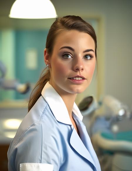 <lora:LauriePartridge:1> 2010 photo of  20 year old  LauriePartridge, in the netherlands , dressed like a nurse, assisting a dentist , soft lighting, tack sharp, 4k, dslr