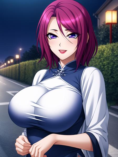 <lora:Yoshioka_Maki_lorav2:0.66>, purple_eyes, (mole:0.7), (large breasts), 
best quality, ultra high res, (masterpiece:1.2), best quality, game cg, highly_detailed,extremely_detailed_CG_unity_8k_wallpaper,illustration,highres,absurdres,
1girl, (upper body), (mature female), (milf), outdoors, night, street, 
china dress, lipstick, 
(smile:0.8), holding_closed_fan,