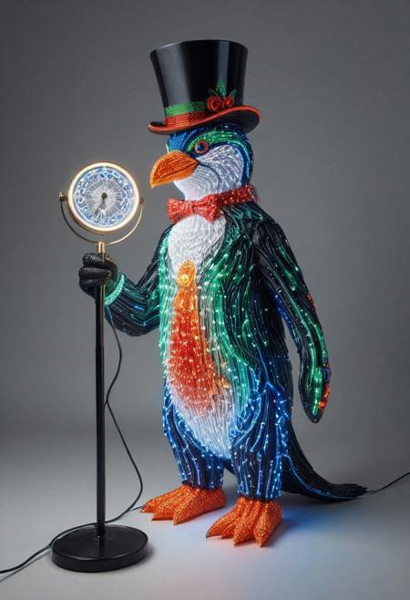 embedding:lazmpos, LED, colorful LED lights, RGB lights, red green and blue penguin, art deco, top hat, cane, monocle,RetroBG