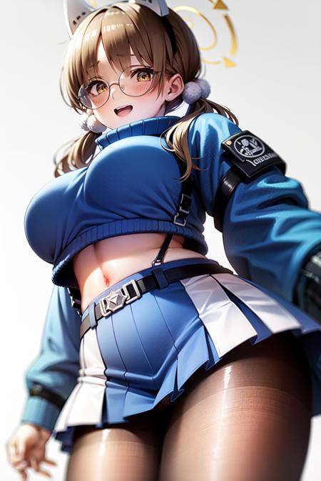 moe(blue archive), blush, blue skirt, brown pantyhose, blue sweater,  pom pom hair ornament, cropped sweater, open mouth,  pleated skirt, long sleeves, fake animal ears, large breasts,  cowboy shot, halo, midriff, 1girl, crop top overhang, brown eyes, looking at viewer, yellow eyes, brown hair, solo, belt, turtleneck sweater, twintails, white background, rabbit ears,  glasses, long hair, round eyewear 