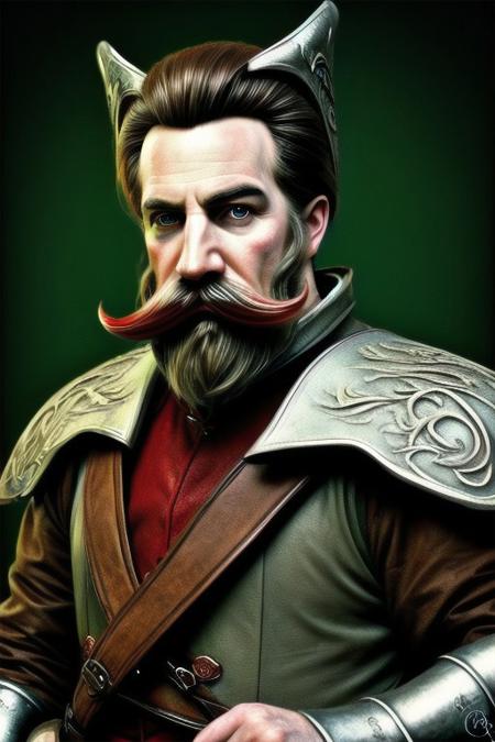 absurdres, hdr, stylised ,Don Quixote, cowboy shot,  perfect eyes, stern face, white air, long moustache, The Imperial beard , red intricate fullplate, dynamic pose,  holding intricate rapier,
DonM3lv3s