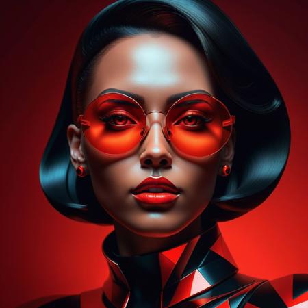 Ultra realistic color pencil  image of
Create a highly stylized, futuristic portrait featuring a confident woman with bold makeup and red-tinted circular sunglasses. She has an air of authority and elegance. The background is a solid, intense red, creating a striking contrast with her smooth, illuminated skin. The lighting is dramatic, highlighting her facial features and casting subtle shadows. She wears hoop earrings and a high-neck dress, exuding a sense of fashion-forward, cyberpunk aesthetics. The overall style is modern, with a vivid color palette and a focus on strong, geometric shapes and clean lines.
BREAK
Dark theme, dynamic lighting, (soft shadows), (soft focus), (photo realistic), uhd, 8k