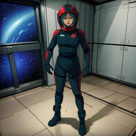 masterpiece,high quality,solo,indoors,
<lora:jeridandmouar001:0.7>,looking at viewer,smile,
mouarpharaoh,1woman,
green hair,green eyes,lipstick,
space helmet,
space pilot suit,
full body,standing,