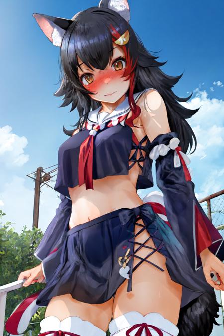 masterpiece, best quality, 1girl, blush, <lora:spfuhimikoStyle-15:1>,  <lora:mio:1> miodefault, long hair, hair ornament, sailor collar, black shirt, black skirt, detached sleeves, midriff, kouhaku nawa, (white thighhighs:1.2), wolf tail